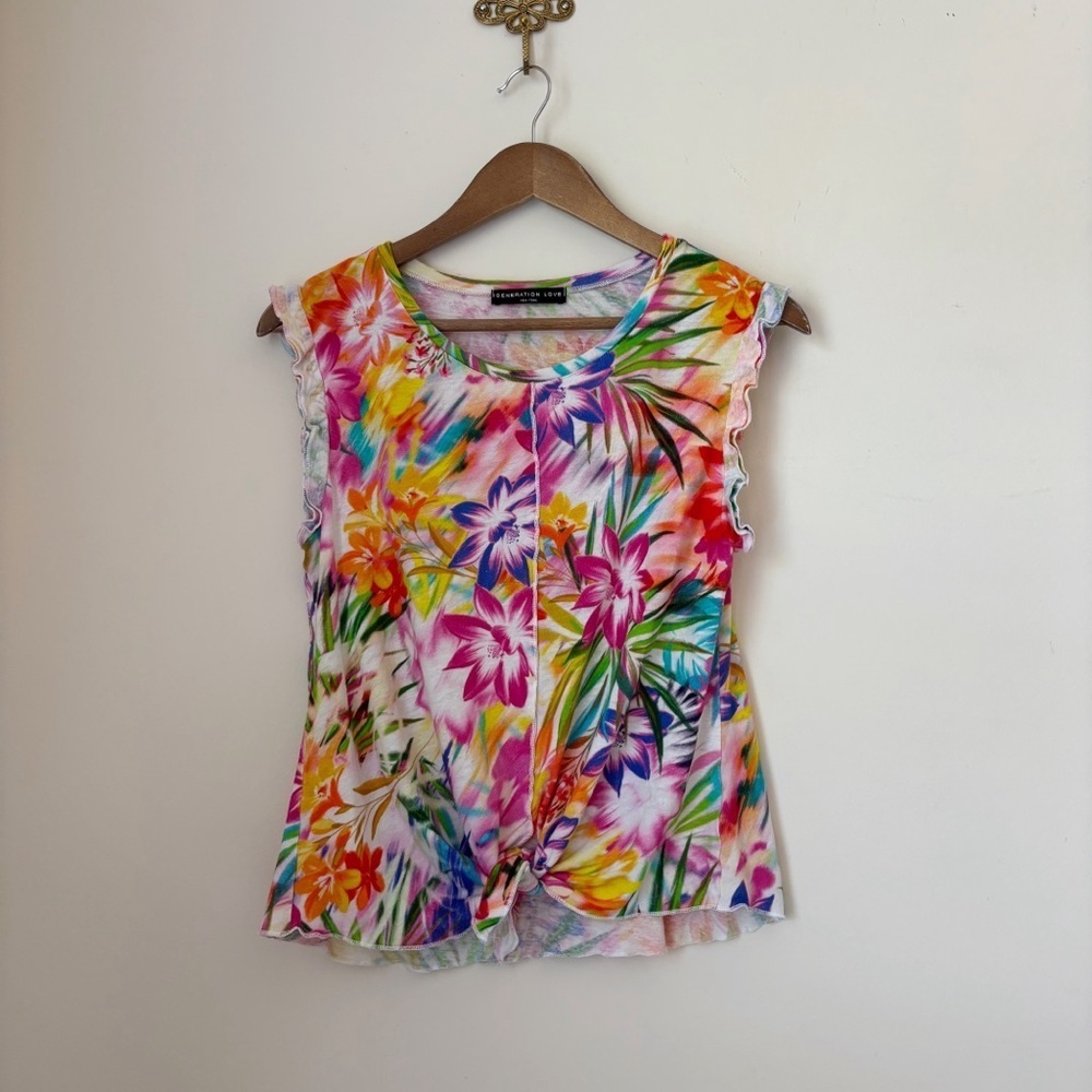 Generation Love Bright Multicolor Floral Ruffle T Shirt Small Summer Boho